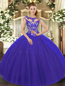 On Sale Cap Sleeves Floor Length Beading and Appliques Lace Up 15th Birthday Dress with Royal Blue