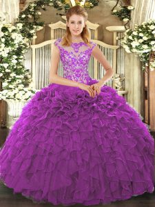 Excellent Floor Length Lace Up Quince Ball Gowns Eggplant Purple for Sweet 16 and Quinceanera with Beading and Appliques and Ruffles
