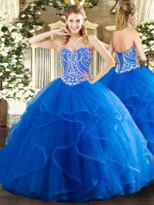 Best Selling Floor Length Lace Up Quinceanera Dresses Blue for Military Ball and Sweet 16 and Quinceanera with Beading and Ruffles