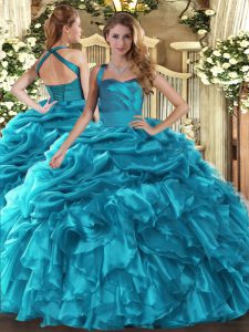 Halter Top Sleeveless Lace Up Sweet 16 Dresses Teal Organza