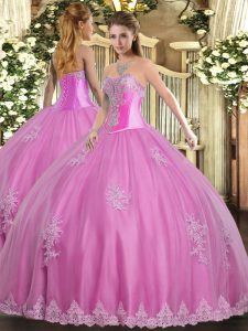 Rose Pink Sleeveless Floor Length Beading and Appliques Lace Up 15th Birthday Dress