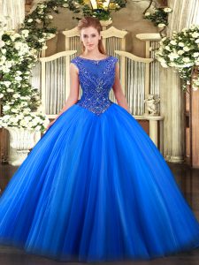 Royal Blue Ball Gowns Tulle Scoop Sleeveless Beading and Appliques Floor Length Zipper 15th Birthday Dress
