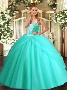 Vintage Tulle Straps Sleeveless Lace Up Beading and Pick Ups Sweet 16 Quinceanera Dress in Apple Green