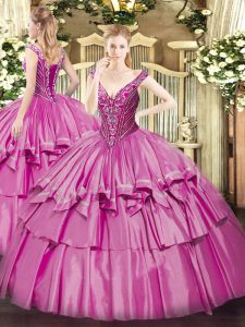 Dramatic Lilac Lace Up Quinceanera Gown Beading and Ruffled Layers Sleeveless Floor Length