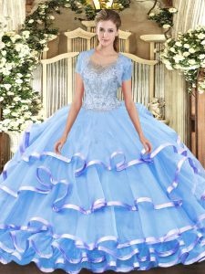 Designer Scoop Sleeveless Sweet 16 Dress Floor Length Beading and Ruffled Layers Aqua Blue Tulle