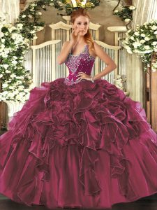 Burgundy Ball Gowns Organza Straps Sleeveless Beading and Ruffles Floor Length Lace Up Sweet 16 Quinceanera Dress