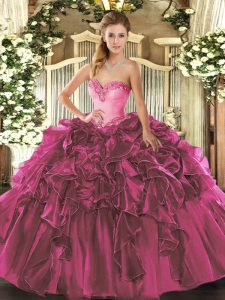 Ball Gowns Sweet 16 Dresses Fuchsia Sweetheart Organza Sleeveless Floor Length Lace Up