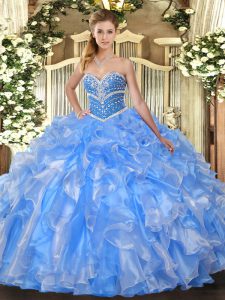 Luxurious Baby Blue Ball Gowns Beading and Ruffles 15th Birthday Dress Lace Up Organza Sleeveless Floor Length