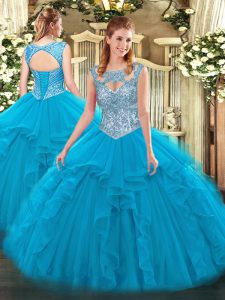 Dazzling Floor Length Blue 15 Quinceanera Dress Tulle Sleeveless Beading and Ruffles