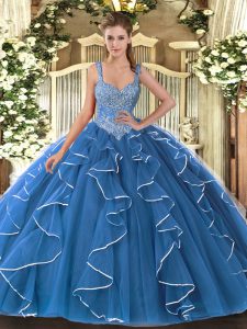 Artistic V-neck Sleeveless Lace Up 15th Birthday Dress Blue Tulle