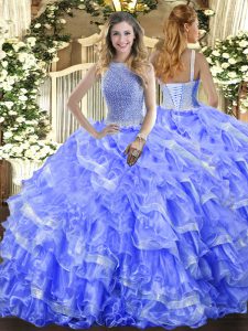 Flare Blue Organza Lace Up High-neck Sleeveless Floor Length Sweet 16 Dresses Beading and Ruffled Layers