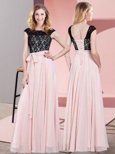 Attractive Baby Pink Empire Chiffon Scoop Sleeveless Lace and Belt Floor Length Lace Up Prom Dresses