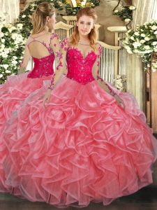 Eye-catching Watermelon Red Ball Gowns Scoop Long Sleeves Organza Floor Length Lace Up Lace and Ruffles Ball Gown Prom Dress