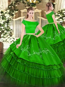 Fabulous Green Sweet 16 Quinceanera Dress Military Ball and Sweet 16 and Quinceanera with Embroidery and Ruffled Layers Off The Shoulder Short Sleeves Zipper