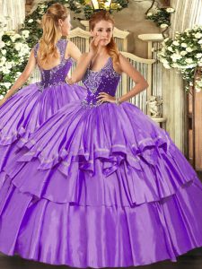 Lavender Straps Neckline Beading and Ruffled Layers Quinceanera Dress Sleeveless Lace Up