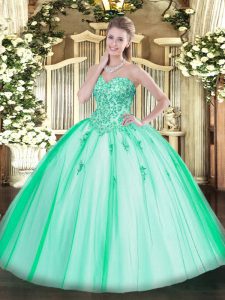 Best Sleeveless Floor Length Appliques Lace Up Quince Ball Gowns with Turquoise