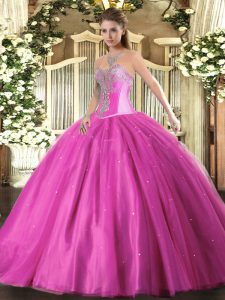 Fuchsia Lace Up Sweetheart Beading Sweet 16 Quinceanera Dress Tulle Sleeveless
