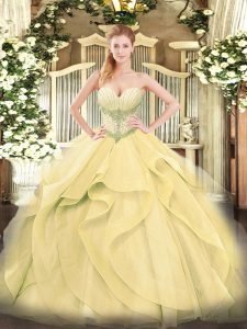 Excellent Sleeveless Tulle Floor Length Lace Up Quinceanera Gown in Gold with Beading and Ruffles