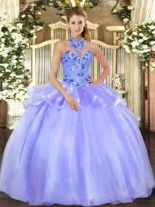 Lavender Organza Lace Up Ball Gown Prom Dress Sleeveless Floor Length Embroidery