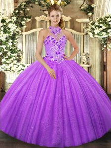 Decent Lavender Ball Gowns Halter Top Sleeveless Tulle Floor Length Lace Up Beading 15 Quinceanera Dress