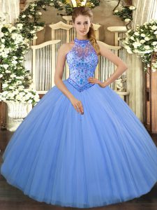 Chic Baby Blue Tulle Lace Up Halter Top Sleeveless Floor Length Sweet 16 Dress Beading and Embroidery