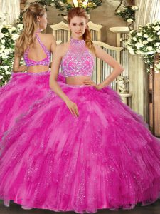 Hot Pink Two Pieces Halter Top Sleeveless Tulle Floor Length Criss Cross Beading Sweet 16 Dresses