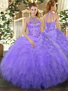 Floor Length Lavender Quince Ball Gowns Halter Top Sleeveless Lace Up
