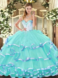 Popular Sweetheart Sleeveless Lace Up Ball Gown Prom Dress Turquoise Organza