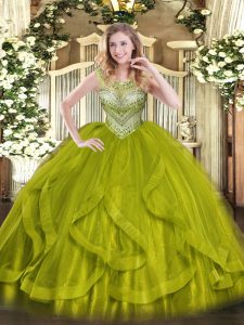 Olive Green Ball Gowns Beading Vestidos de Quinceanera Lace Up Tulle Sleeveless Floor Length