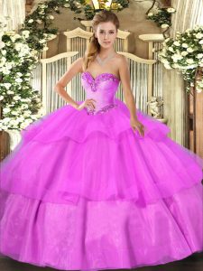 Fantastic Lilac Ball Gowns Tulle Sweetheart Sleeveless Beading and Ruffled Layers Floor Length Lace Up Quinceanera Gowns
