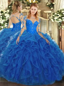 Blue Lace Up Vestidos de Quinceanera Lace and Ruffles Long Sleeves Floor Length