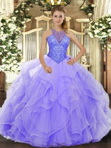 Lavender Quinceanera Dress Military Ball and Sweet 16 and Quinceanera with Beading and Ruffles High-neck Sleeveless Lace Up