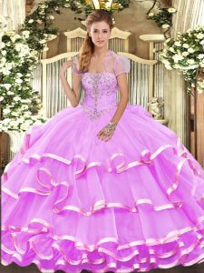 New Style Lilac Organza Lace Up Vestidos de Quinceanera Sleeveless Floor Length Appliques and Ruffled Layers
