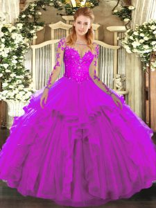 Long Sleeves Floor Length Lace and Ruffles Lace Up Quinceanera Dress with Fuchsia