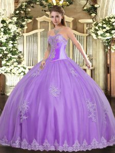 Traditional Lavender Tulle Lace Up Quince Ball Gowns Sleeveless Floor Length Beading and Appliques