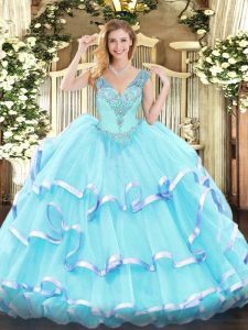 Fashion Organza V-neck Sleeveless Lace Up Ruffled Layers Quince Ball Gowns in Aqua Blue