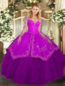 Elegant Floor Length Purple Sweet 16 Dresses Organza and Taffeta Long Sleeves Lace and Embroidery