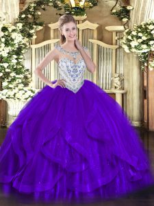 Best Selling Purple Zipper 15 Quinceanera Dress Beading and Ruffles Sleeveless Floor Length