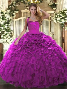 Modest Floor Length Fuchsia Quinceanera Dress Halter Top Sleeveless Lace Up