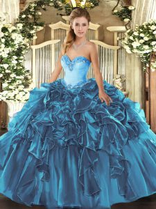 Gorgeous Beading and Ruffles Quinceanera Gown Teal Lace Up Sleeveless Floor Length