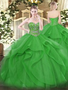 Fitting Green Tulle Lace Up Quinceanera Gowns Sleeveless Floor Length Beading and Ruffles