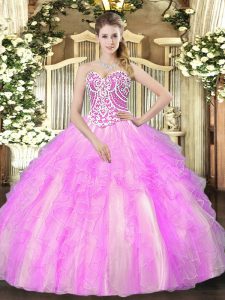 Lilac Lace Up Sweetheart Beading and Ruffles Quince Ball Gowns Tulle Sleeveless