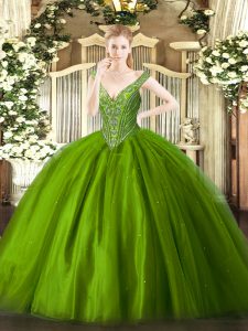Floor Length Green 15th Birthday Dress Tulle Sleeveless Beading