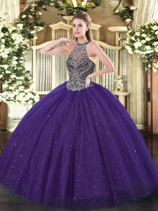 Purple Sleeveless Floor Length Beading Lace Up Quinceanera Dresses
