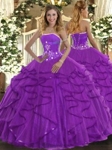Fitting Strapless Sleeveless Lace Up Quinceanera Gown Purple Tulle
