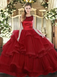 Scoop Sleeveless Ball Gown Prom Dress Floor Length Ruffled Layers Wine Red Tulle