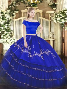Beauteous Royal Blue Short Sleeves Floor Length Embroidery and Ruffled Layers Zipper Sweet 16 Quinceanera Dress