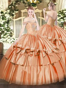 Decent Orange Red Off The Shoulder Neckline Beading and Ruffled Layers Sweet 16 Quinceanera Dress Sleeveless Lace Up
