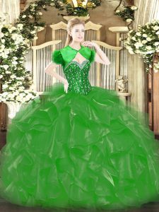 Dramatic Beading and Ruffles Sweet 16 Dress Green Lace Up Sleeveless Floor Length