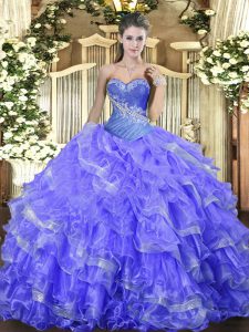 Floor Length Blue 15th Birthday Dress Organza Sleeveless Beading and Ruffled Layers